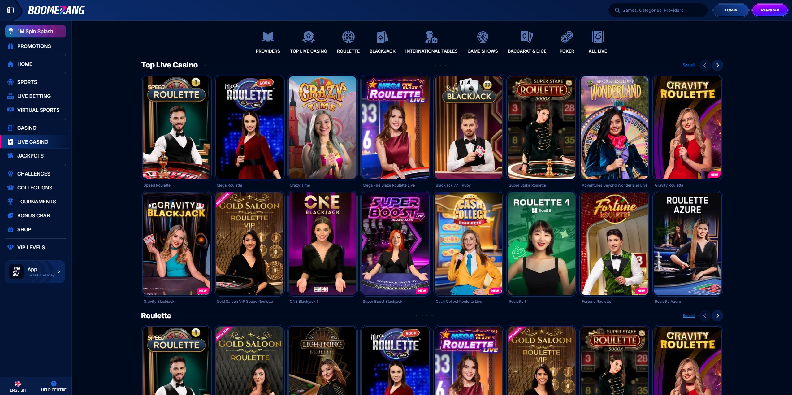 Lifandi spilavíti leikir hjá Boomerang Casino