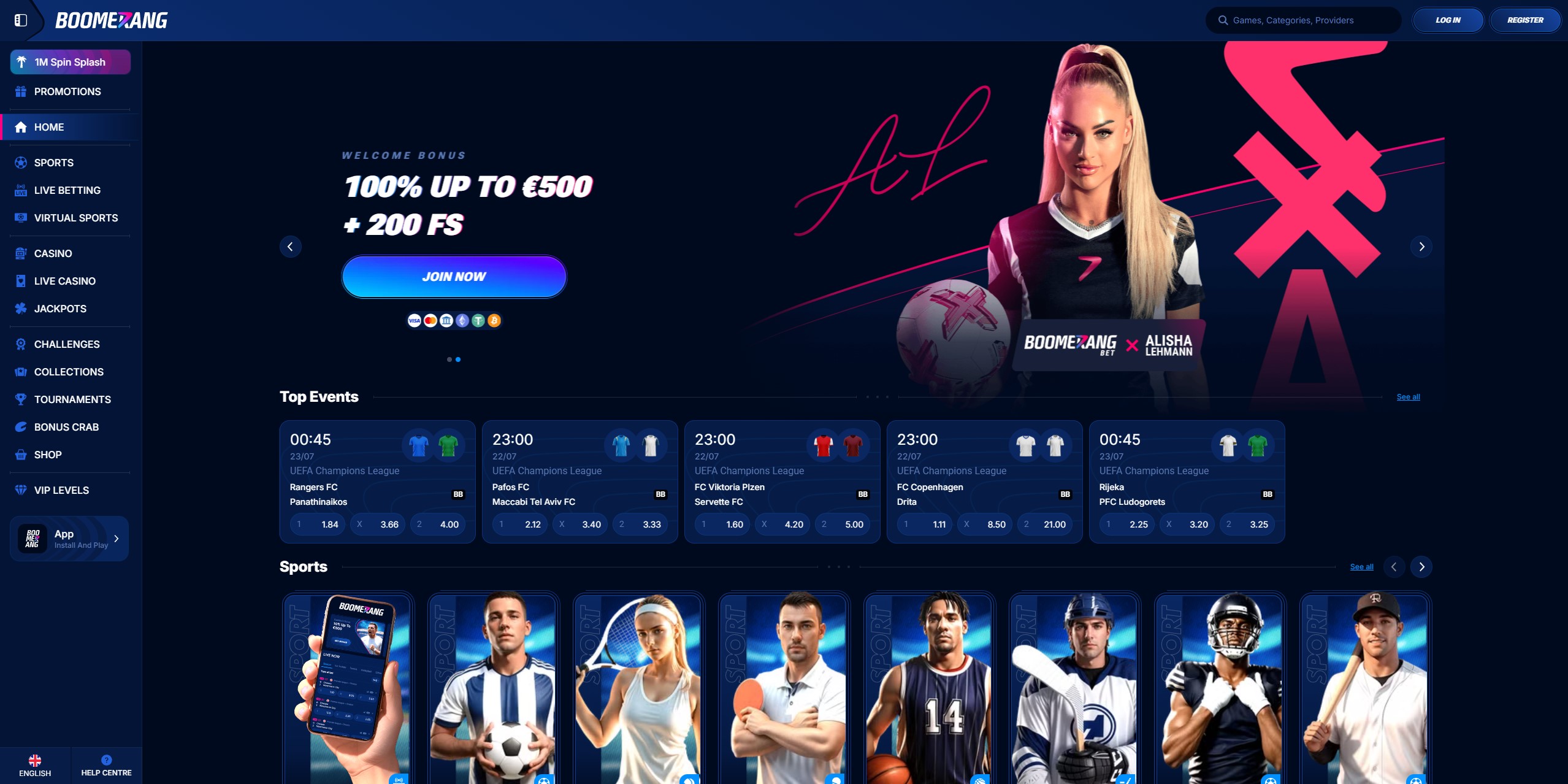 Aðalviðmót Boomerang Casino